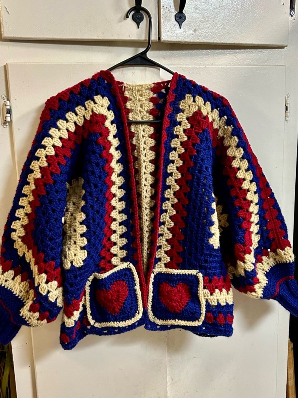 Handmade Crochet Cardigan Jacket in Royal Blue, Cream & Red
